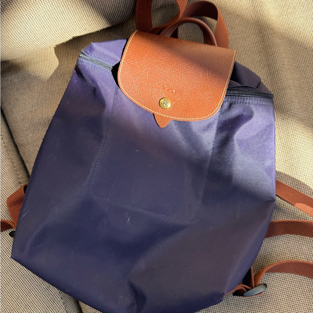 Longchamp Nylon and Leather Zip Top Backpack Navy Blue Marine and Brown
